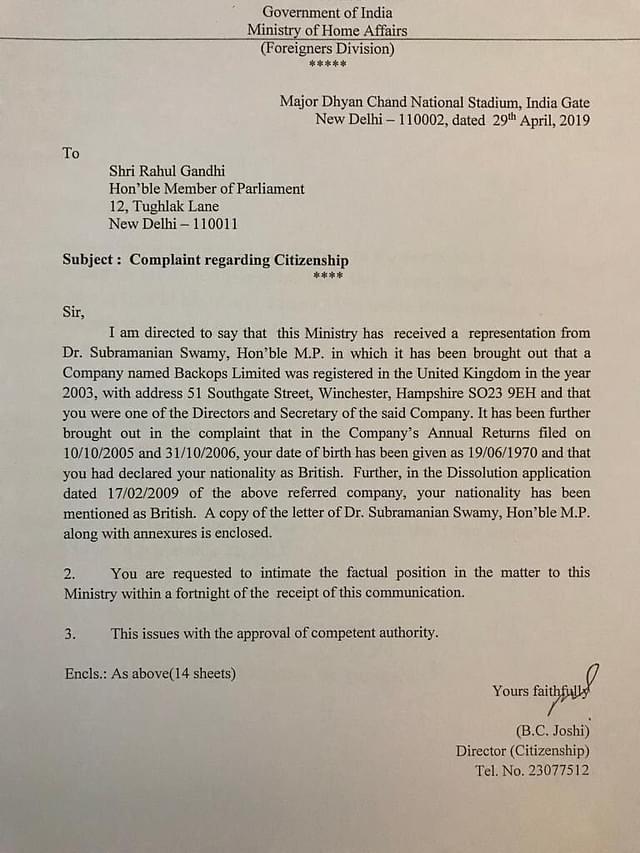 Home Ministry notice issued to Rahul Gandhi (Pic via Twitter)