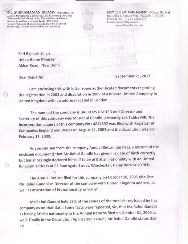 Subramanian Swamy’s complaint to Home Ministry (Pic via Pgurus)
