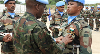 An Indian peacekeeper receiving the medal.