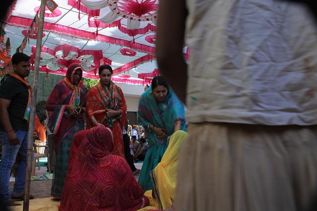 Constituency connect: Diya Kumari meets women at a village temple. 