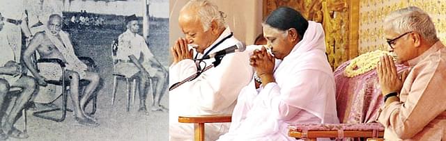 Swami Chidbavananda addressing an RSS camp in the 1980s and Mata Amritanandamayi addressing the ABPS of RSS in 2017. To both Swamiji and Mata, the sanctity of hygienic work was a divine sadhana and insisted on all doing it.