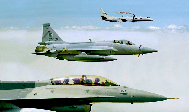 An F-16 of the PAF flying with a JF-17 and a Saab 2000 ERIEYE AEW&amp;C aircraft. 