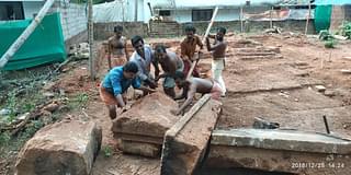 Old foundation stones of the temple being mobilised for restoration.&nbsp;