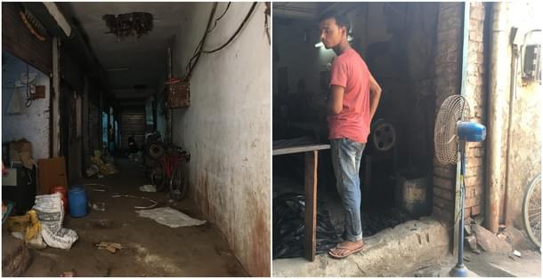 A view of the congested lanes (left) and one-room factories in Basai Darapur