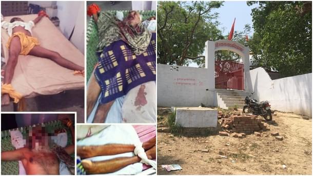 (Left) Photos of the mutilated bodies of sadhus. (right) Entrance to the temple
