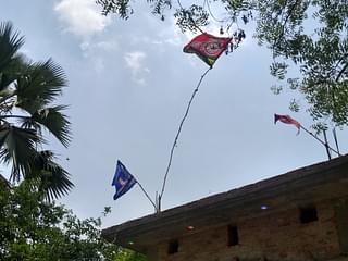 Flags of BSP and SP on a house in Tamauli village. (Prakhar Gupta/Swarajya)