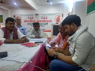 Nirahua’s younger brother Pravesh Lal Yadav at the BJP’s campaign management office in Azamgarh city. (Prakhar Gupta/Swarajya)