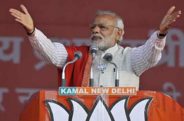 Prime Minister Narendra Modi at an election rally in New Delhi. (Vipin Kumar/Hindustan Times via GettyImages) 