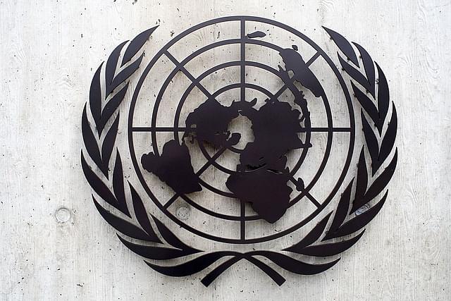 The United Nations emblem at the United Nations Office (UNOG) in Geneva, Switzerland (Johannes Simon/Getty Images)