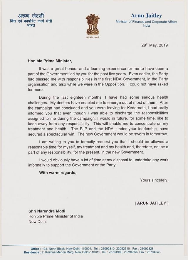 Arun Jaitley writing to Prime Minister Modi