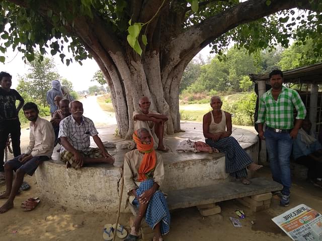 Men from the Nishad community under a tree next to the tea shop in Campirganj’s Sahjuwa village. (Prakhar Gupta/Swarajya Magazine)