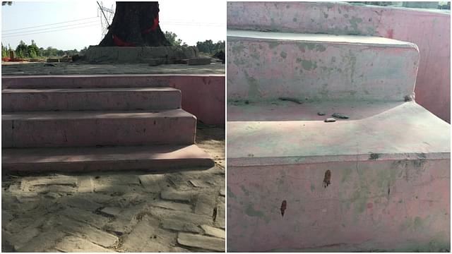 Blood stains on the steps near to where Vinay was sleeping in the open on a cot.
