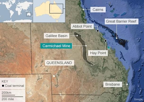 Location of the Carmichael Mine, Abbot Point, the Great Barrier Reef.  