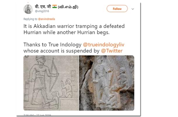 Tweet referring to what @TrueIndology had said about the Rama-Hanuman mural discovered in Iraq.