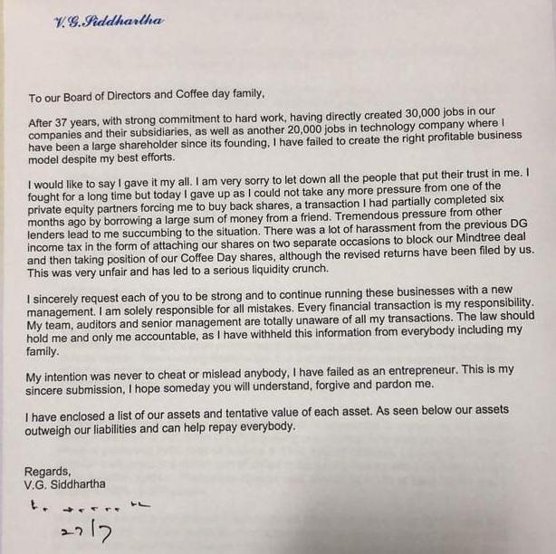 V G Siddhartha’s purported letter to CCD employees (@Zakka_Jacob/Twitter)