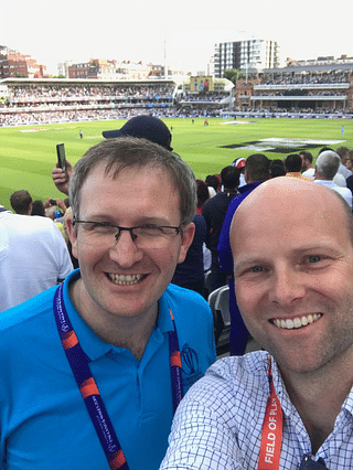 Patrick Noone (L) and Phil Oliver at the final of the 2019 Cricket World Cup at Lord’s London.&nbsp;