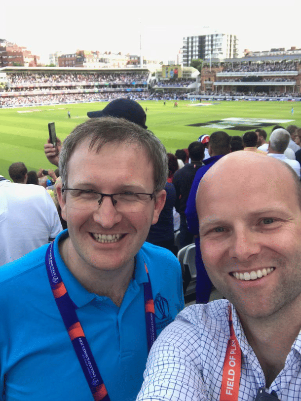 Patrick Noone (L) and Phil Oliver at the final of the 2019 Cricket World Cup at Lord’s London. 