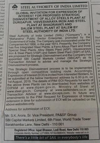 The disinvestment notice issued by SAIL in a newspaper.&nbsp;