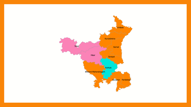 <b>Fig 2: </b>2014 Lok Sabha election results in Haryana. Colour code: Orange-BJP; Blue-INC; Pink-INLD 