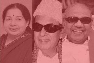 Former Chief Ministers of Tamil Nadu-Jayalalitha, MGR, Karunanidhi (left to right). 