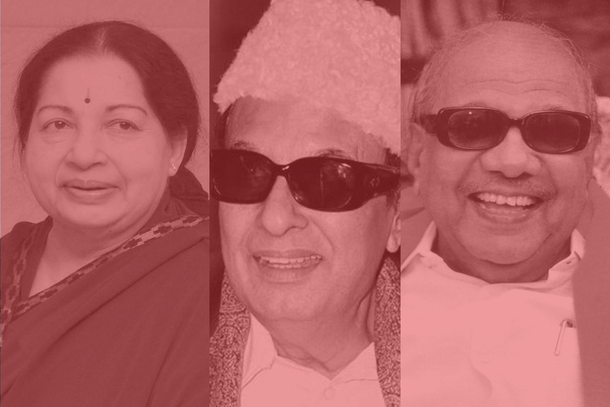 Former Chief Ministers of Tamil Nadu-Jayalalitha, MGR, Karunanidhi (left to right). 