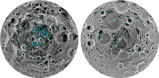 Distribution of ice at moon’s south pole (left) and north pole (right), detected by NASA’s Moon Mineralogy Mapper instrument. (NASA)