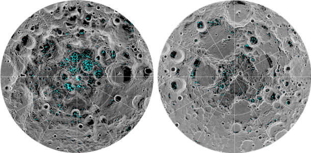 The image shows the distribution of surface ice at the Moon’s south pole (left) and north pole (right), detected by NASA’s Moon Mineralogy Mapper instrument.