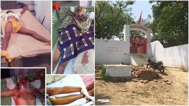 (Left) Photos of the mutilated bodies of sadhus. (Right) Entrance to the temple