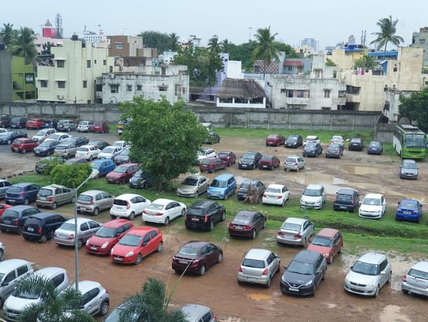 The parking lot for four-wheelers at Koyambedu. Poor maintenance  forces those managing the lot to turn away commuters on days when it rains in the city. 