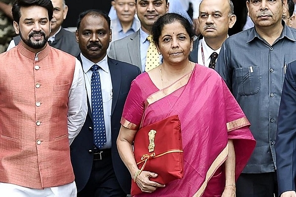 Finance Minister Nirmala Sitharaman outside the Parliament before presenting the Budget for 2019-20 (via Twitter) (representative image)