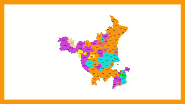 <b>Fig 3:</b> 2014 Assembly election results in Haryana. Colour code: Orange-BJP; Blue-INC; Purple-INLD; Yellow-HJCBL; Green-BSP 