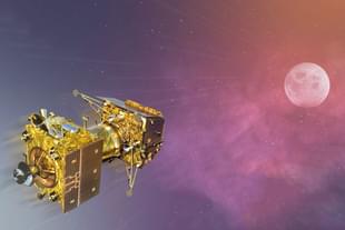 The orbiter and lander module of Chandrayaan-2, mechanically interfaced, approaching the Moon.  