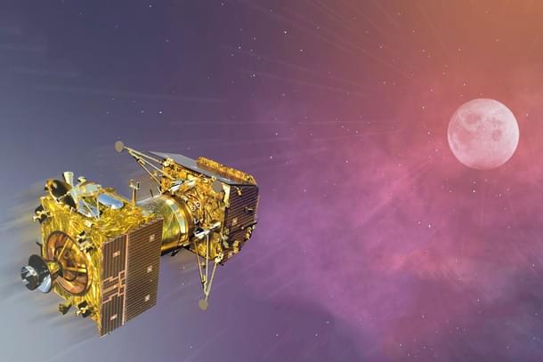 The orbiter and lander module of Chandrayaan-2, mechanically interfaced, approaching the Moon.  