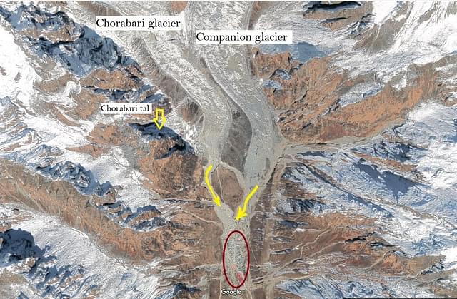 Satellite image showing the glaciers, the lake, the river system and Kedarpuri