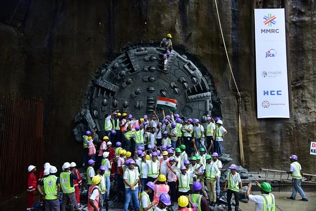 The jubilant HCC workers after finishing the boring of the 3.82km tunnel connection the CST and Mumbai Central Stations of Mumbai Metro Phase III. (Image Source:- Twitter/@MumbaiMetro3)