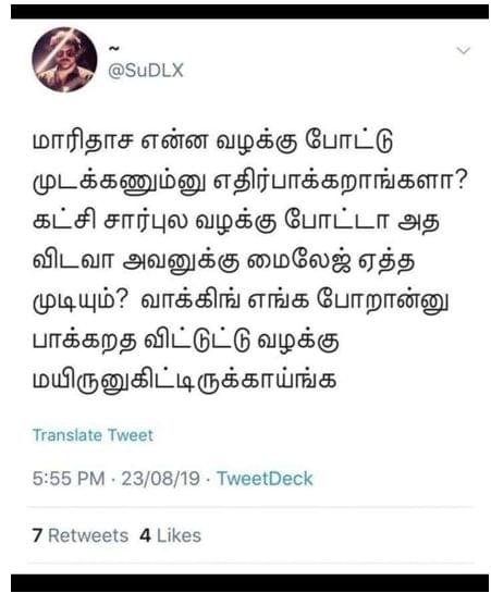 One of the threatening tweets issued against Maridhas. 