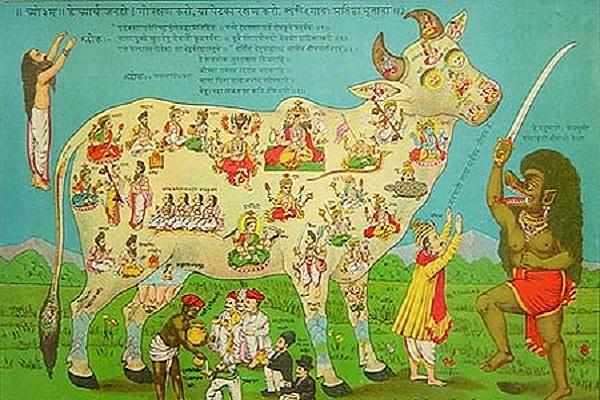 A pamphlet protesting cow slaughter, first created in 1893. A meat eater (mamsahari) is shown as a demon wielding a sword, with a man telling him “Don’t kill, cow is life-source for all”. It was interpreted by Muslims in the British Raj to be representing them (redrawn Raja Ravi Varma c. 1897) (Source: Wikipedia)
