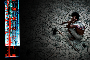 A rain gauge (left) and a farmer (right). 