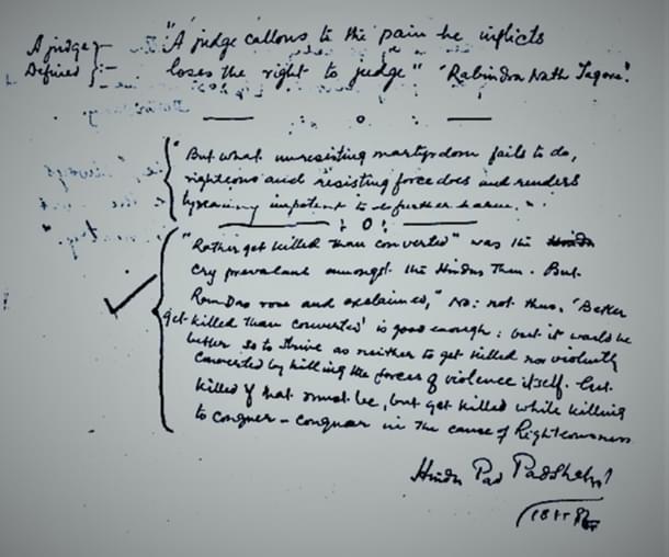Veer Savarkar’s quote in Bhagat Singh’s handwriting: ‘...<i>but it would be</i> <i>better so to strive as neither to get killed nor violently converted by killing the forces of violence itself...</i>’ 