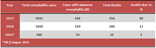 <b>Table 1: </b>Encephalitis cases and deaths over three years at BRD and Gorakhpur division’s six district hospitals and 300 primary centres. Patients at BRD include those from Bihar, Nepal, Gorakhpur division and other districts of east UP