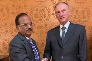 NSA Ajit Doval with his Russian counterpart Nikolai Patrushev in Moscow (@ANI/Twitter)