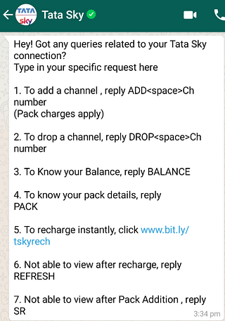 Screenshot of Tata Sky’s WhatsApp help service