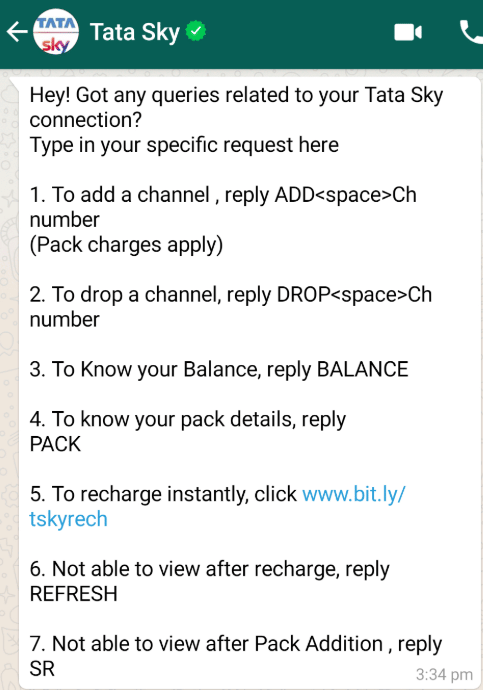 Screenshot of Tata Sky’s WhatsApp help service