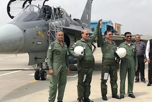 Rajnath Singh after landing the LCA Tejas in September. (representative image)