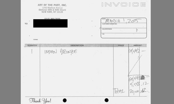 Bill showing the sale of the bronze for US$70,000