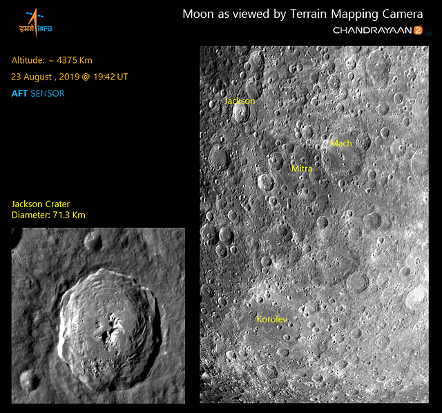 Lunar surface imaged by Terrain Mapping Camera on 23 August 2019 showing impact craters such as Jackson, Mitra, Mach and Korolev.