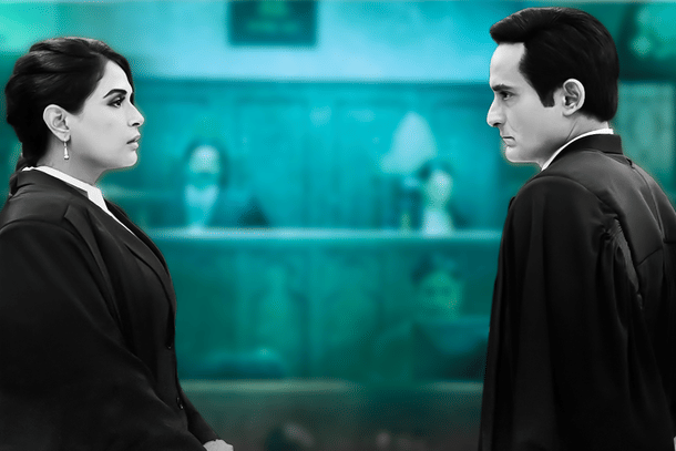 Actors Richa Chadha and Akshaye Khanna in a courtroom scene from the film.