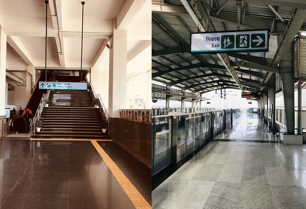 (L): The station at Sector 51 wears a deserted look during the afternoon peak hours. This is where the Aqua Line begins from Noida. (R): The platform at Sector 76 station without any commuters. Merely a few metres away from the entrance of the station, there is a housing society with over 2,000 flats. 