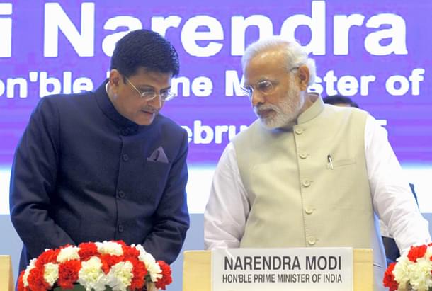 Prime Minister Narendra Modi with Minister of Railways, Piyush Goyal. (Virendra Singh Gosain/Hindustan Times via GettyImages) 