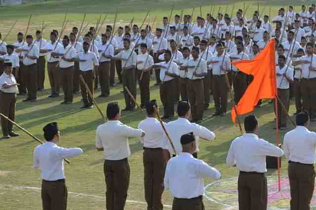 RSS volunteers during Pad Sanchalan. (Adarsh Gupta/Hindustan Times via Getty Images)